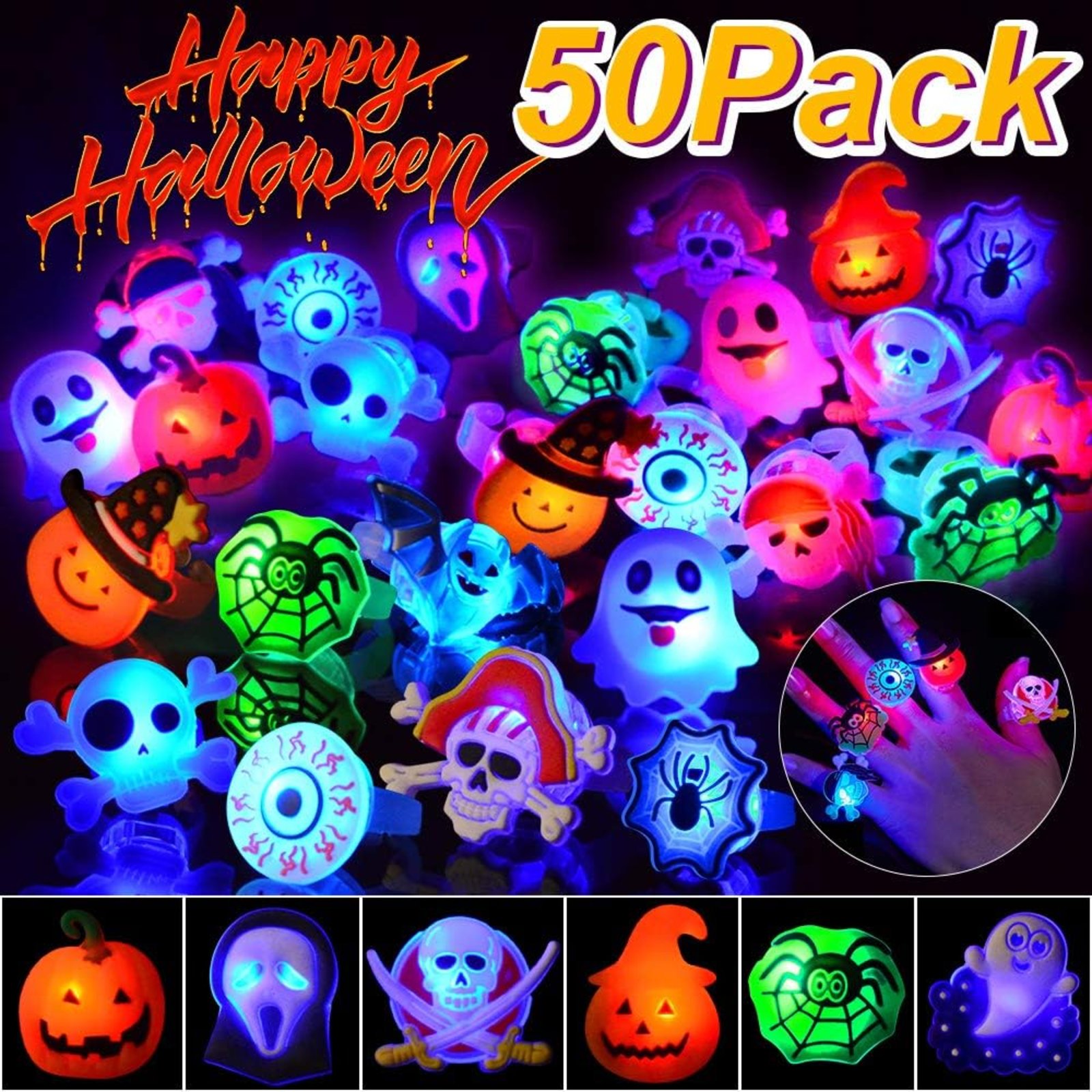 50PCS Halloween LED Glow Rings – Light Up Flashing Rings for Trick or Treat, Party Favors & Kids’ Halloween Supplies