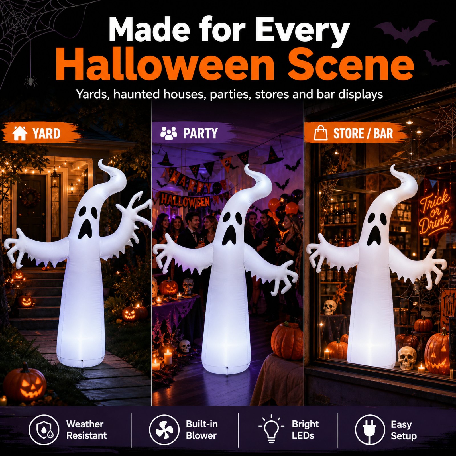 Large Inflatable Halloween Ghost Decoration – Outdoor Standing Ghost Yard Prop for Lawn, Garden & Halloween Party Display